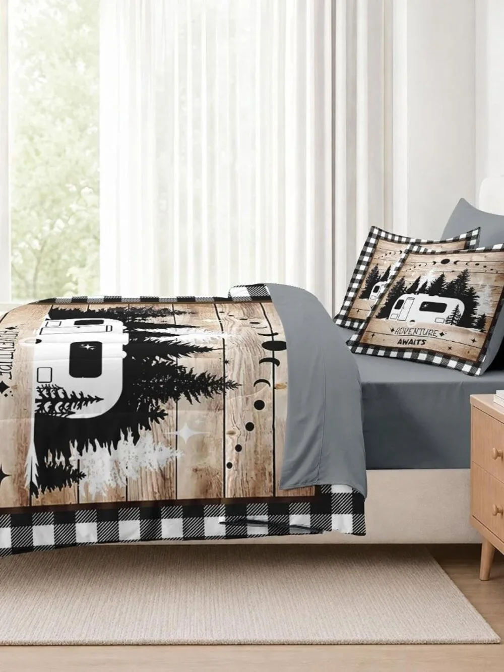 7 Pieces Comforter Set Full Size, Camping Camper Plaid Bedding Set with Fitted S